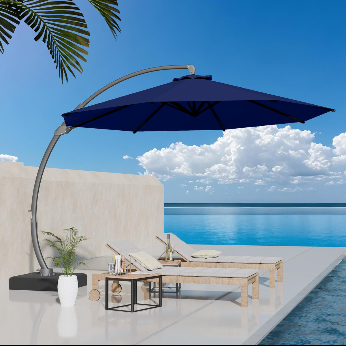 11ft Navy Blue Aluminum Cantilever Patio Umbrella with Base A74340