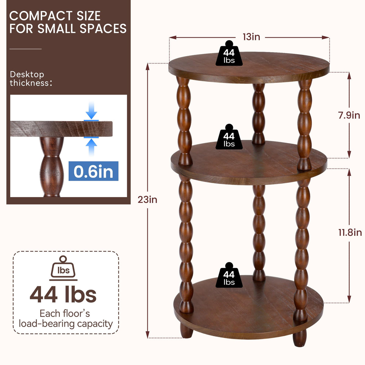 Small Round 3-Tier Solid Wood Side Table with Storage Shelf H690248