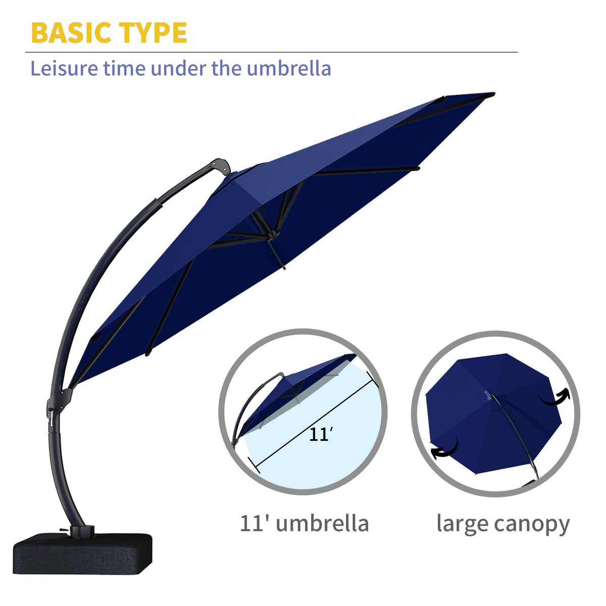 11ft Navy Blue Aluminum Cantilever Patio Umbrella with Base A74340