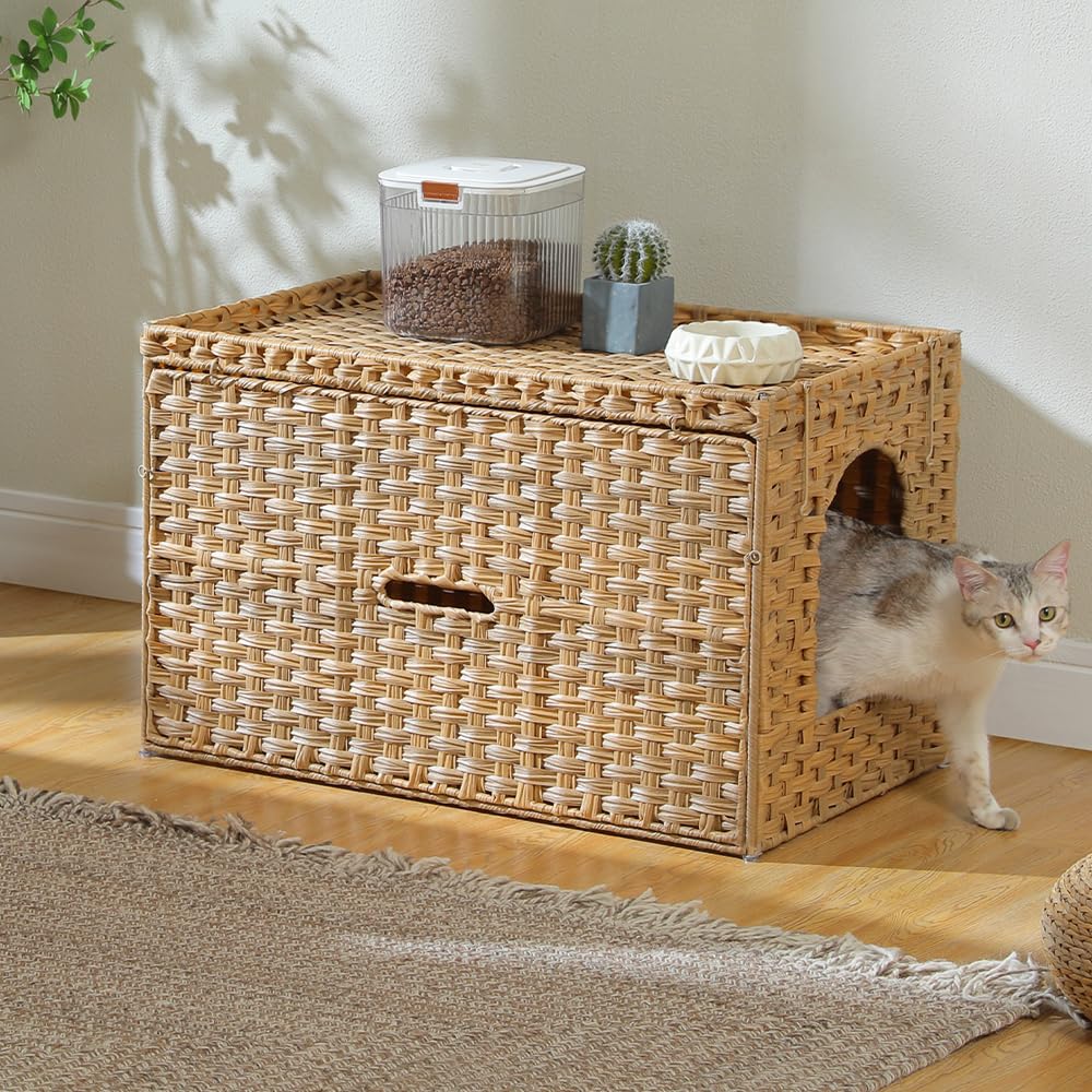 Beige Rattan Cat Litter Box Enclosure O74457