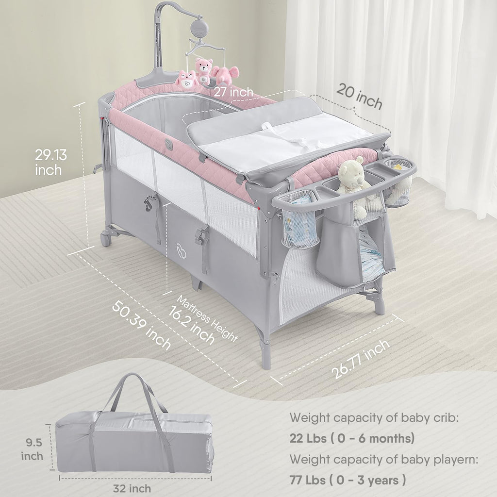 Pink Baby Bassinet Bedside Crib with Mattress S466