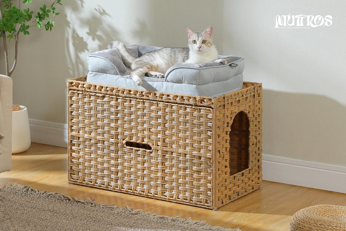 Beige Rattan Cat Litter Box Enclosure O74457