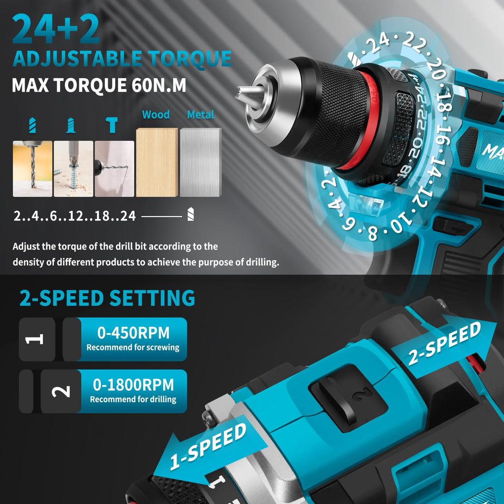 21V Brushless Cordless Drill with 2 Batteries & Charger U8082