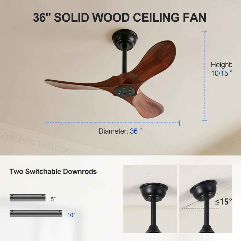 Solid Wood 3 Blade Ceiling Fan with Remote Wall Control P829