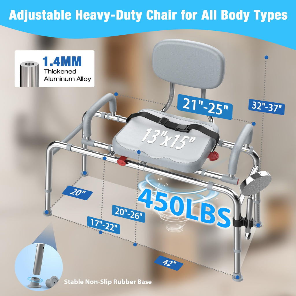 Sliding Shower Chair Tub Transfer Bench with Swivel Seat, 450lbs, Adjustable Height, Gray K817963