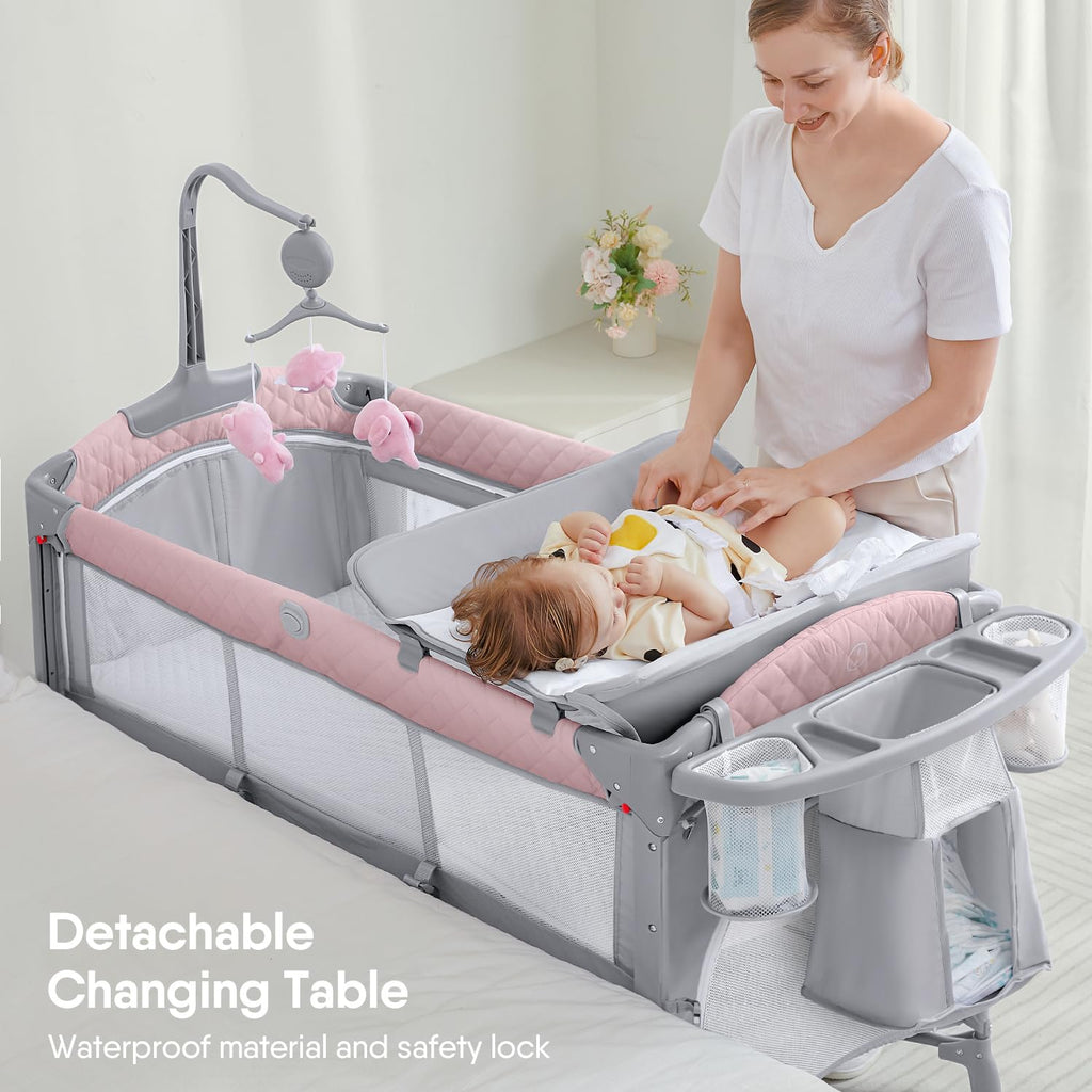 Pink Baby Bassinet Bedside Crib with Mattress S466