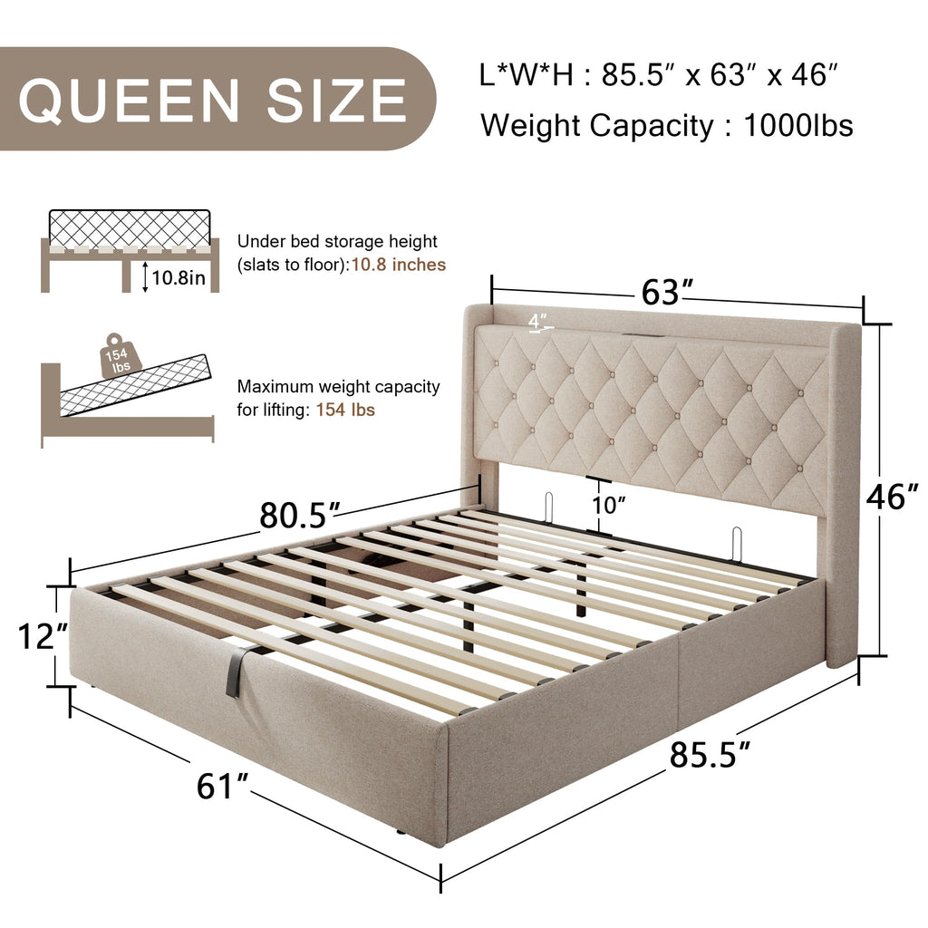 Queen Size Lift Up Storage Upholstered Bed Frame with Charging Station X7846