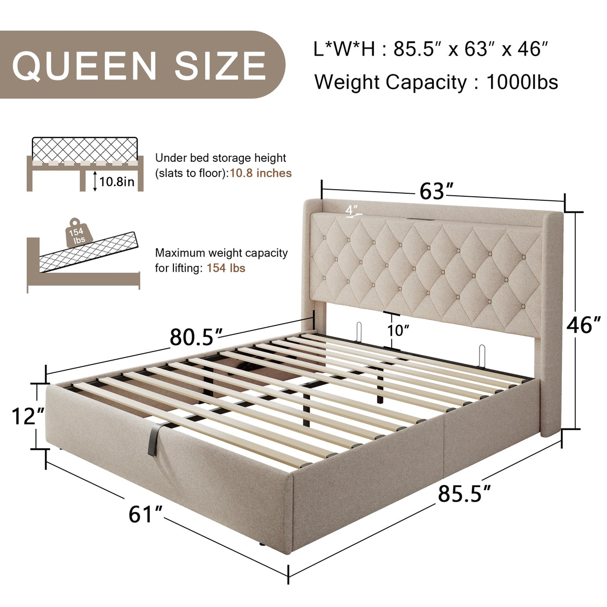 Queen Size Lift Up Storage Upholstered Bed Frame with Charging Station X7846