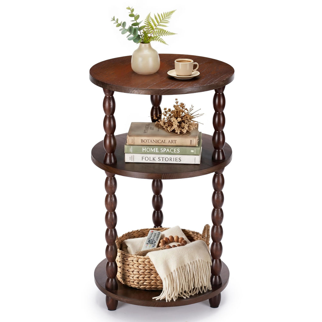 Small Round 3-Tier Solid Wood Side Table with Storage Shelf H690248