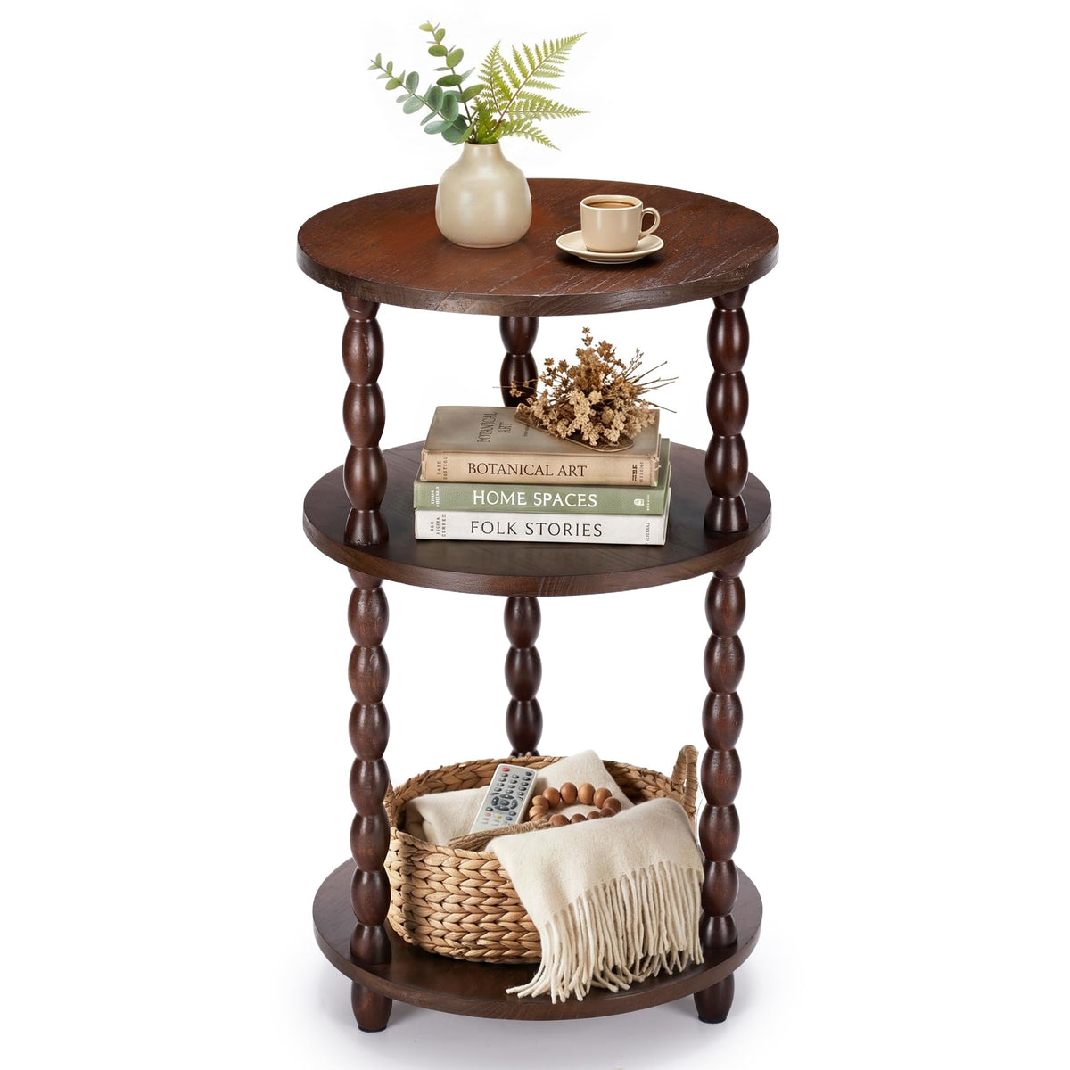 Small Round 3-Tier Solid Wood Side Table with Storage Shelf H690248
