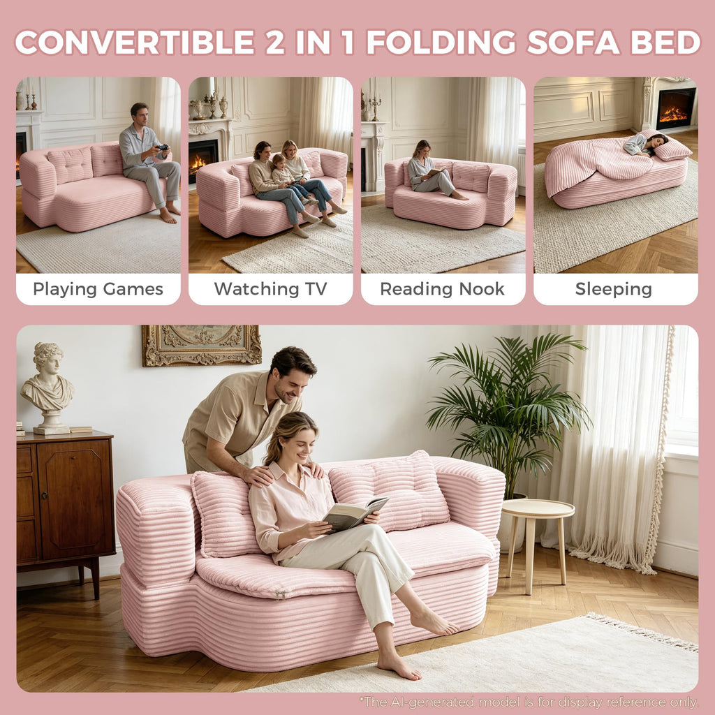 Pink Corduroy Convertible Sofa Bed V25491