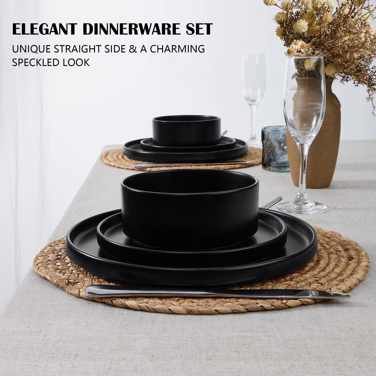 Black 18-Piece Stoneware Dinnerware Set for 6 Y273