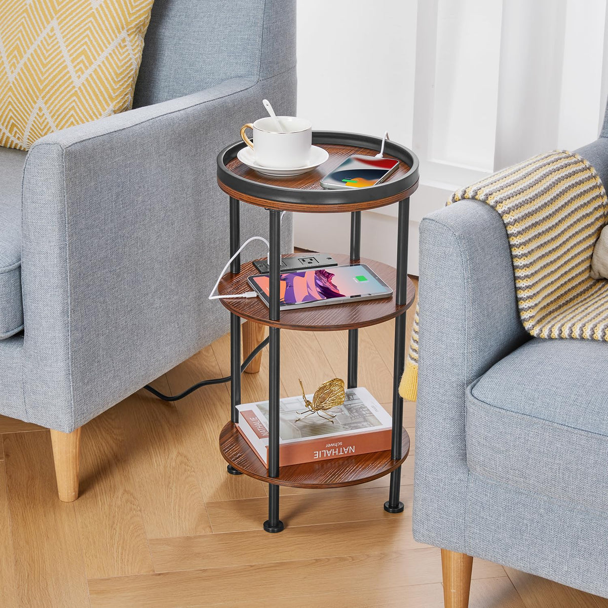 Small Round 3-Tier Side Table with Charging Station V400167