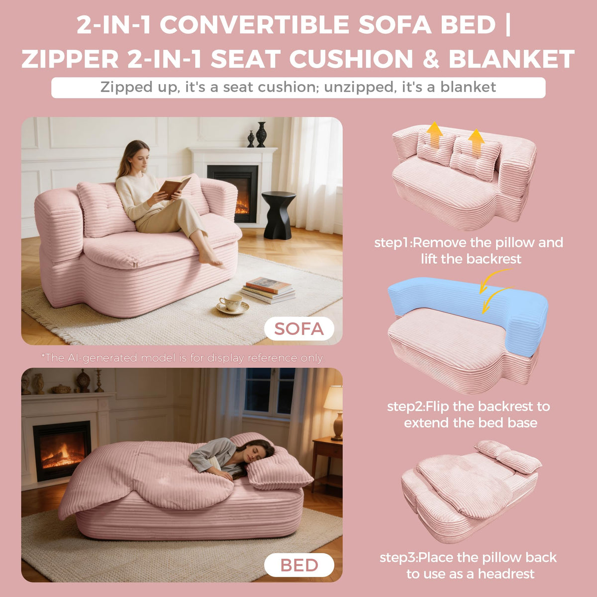 Pink Corduroy Convertible Sofa Bed V25491