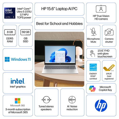 15.6" Full HD Touch Screen Laptop, Intel Core Ultra 5, 8GB RAM, 512GB SSD, Natural Silver S201