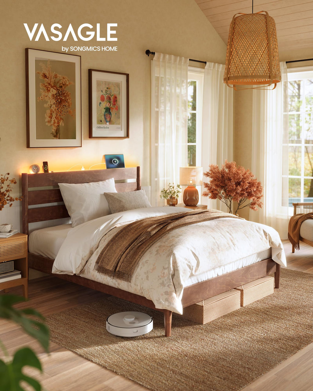 Full Wood Platform Bed with Headboard Storage Shelf B529