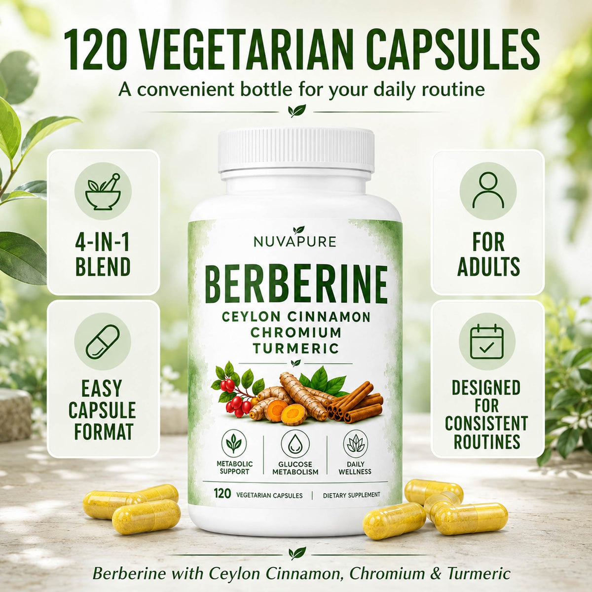 Berberine with Ceylon Cinnamon, Chromium & Turmeric, 120 Vegetarian Capsules I28586