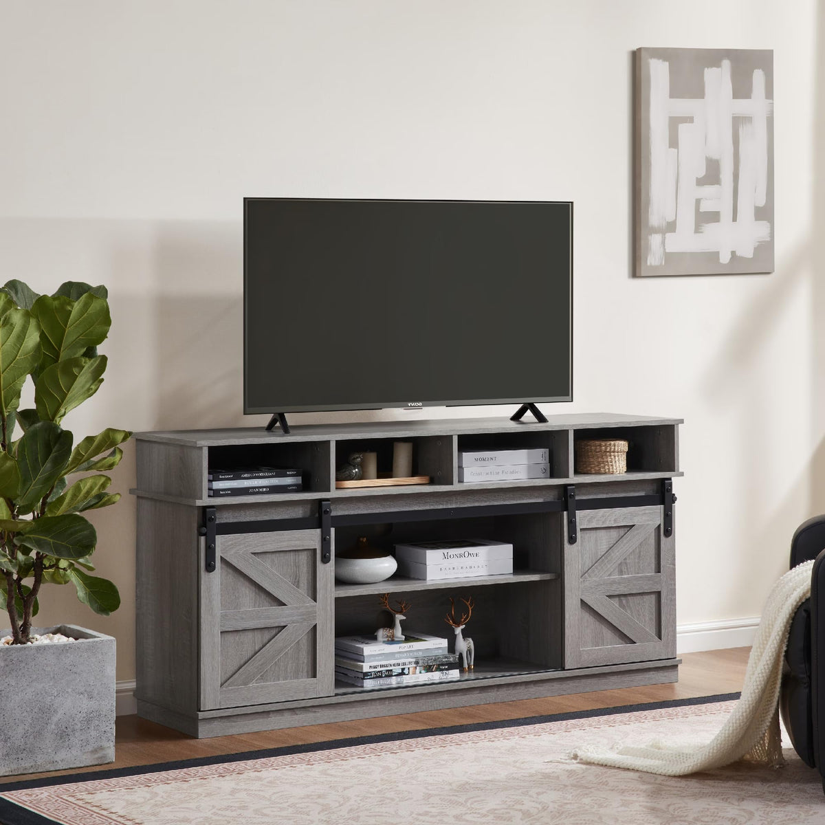 65" Grey Farmhouse TV Stand with Sliding Doors D717