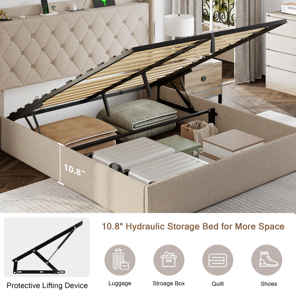 Queen Size Lift Up Storage Upholstered Bed Frame with Charging Station X7846