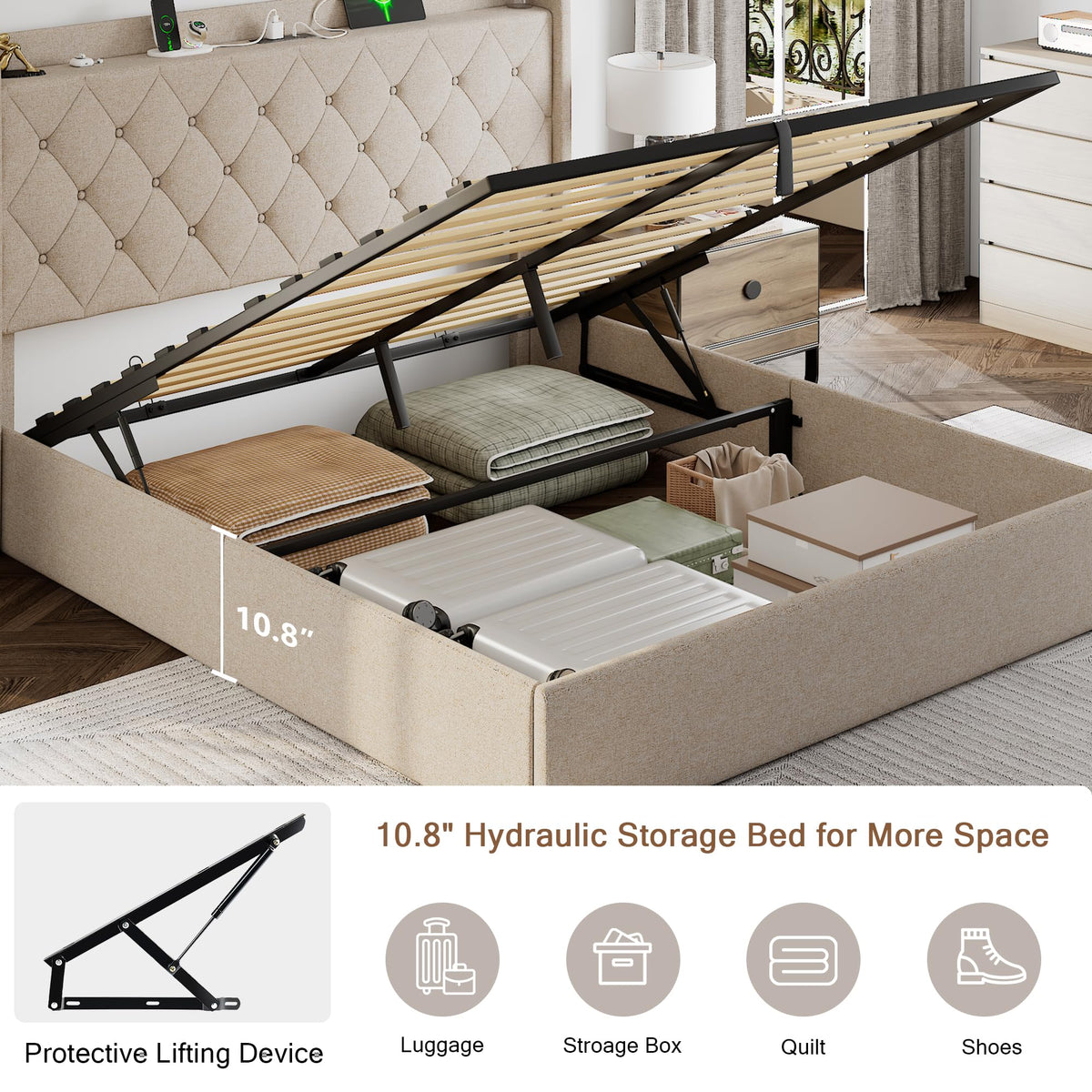 Queen Size Lift Up Storage Upholstered Bed Frame with Charging Station X7846