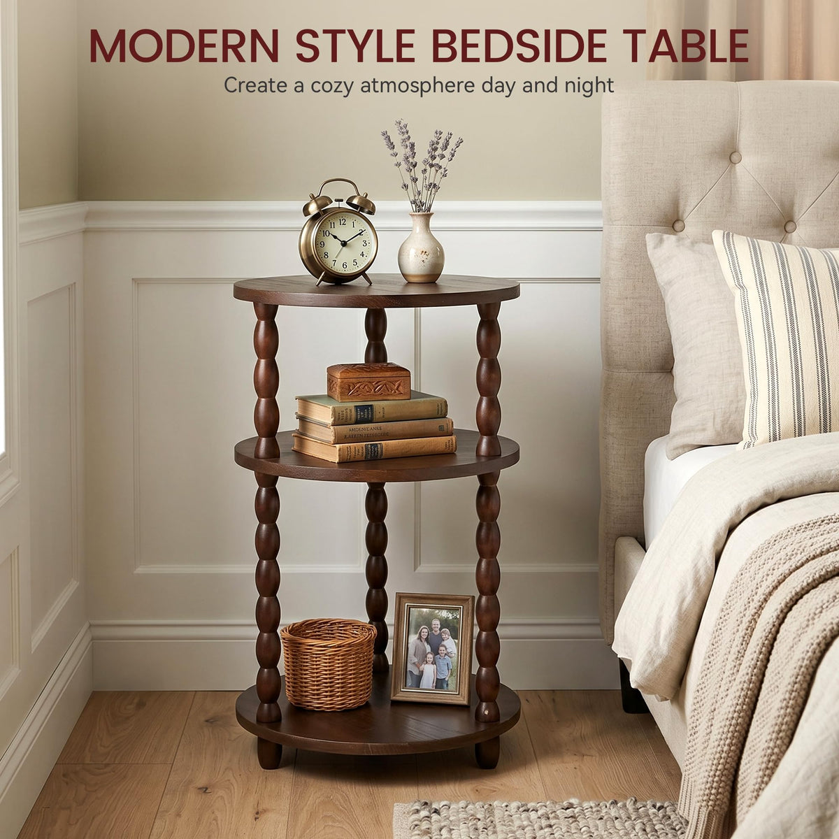 Small Round 3-Tier Solid Wood Side Table with Storage Shelf H690248