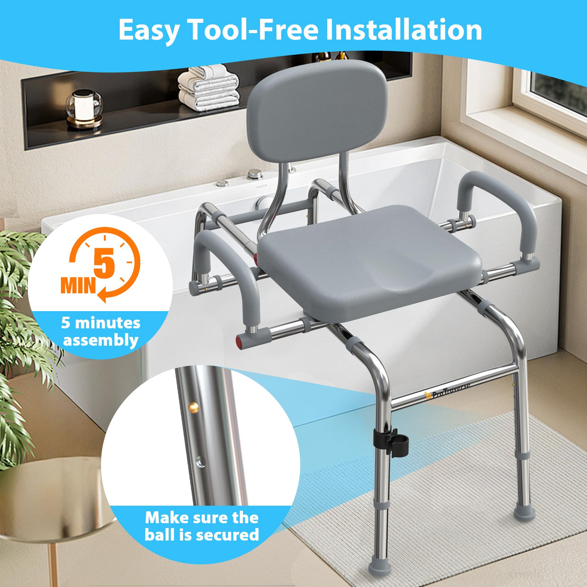 Sliding Shower Chair Tub Transfer Bench with Swivel Seat, 450lbs, Adjustable Height, Gray K817963