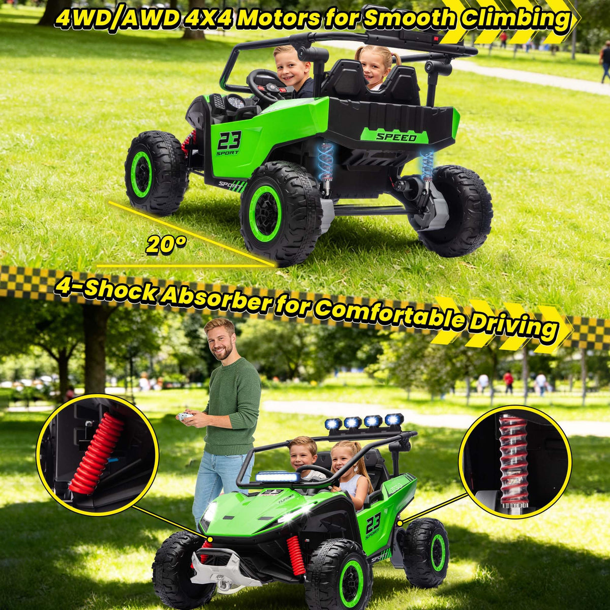 2-Seater Kids UTV with 4x200W Motor, 3-6MPH, Green N545060