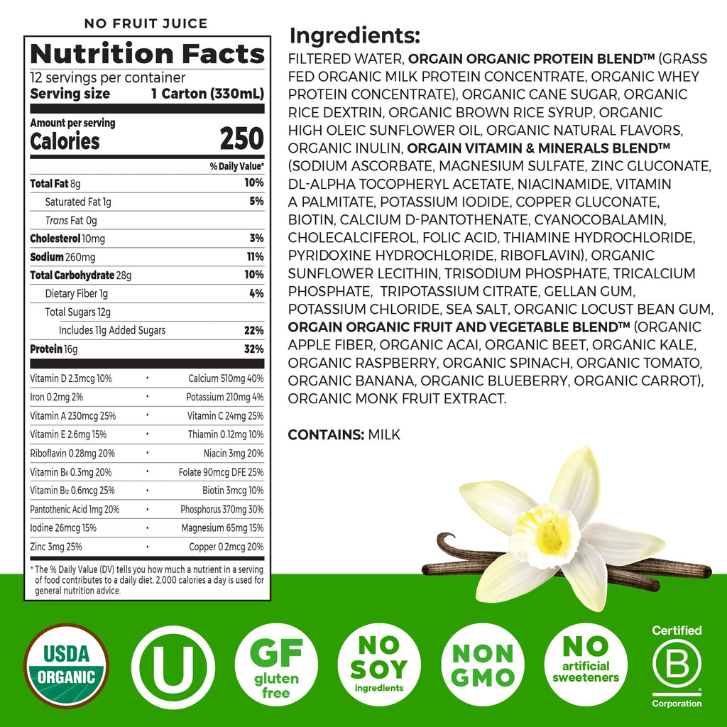 Organic Grass Fed 16g Protein Shake, Vanilla, 11oz, 12pk E5993