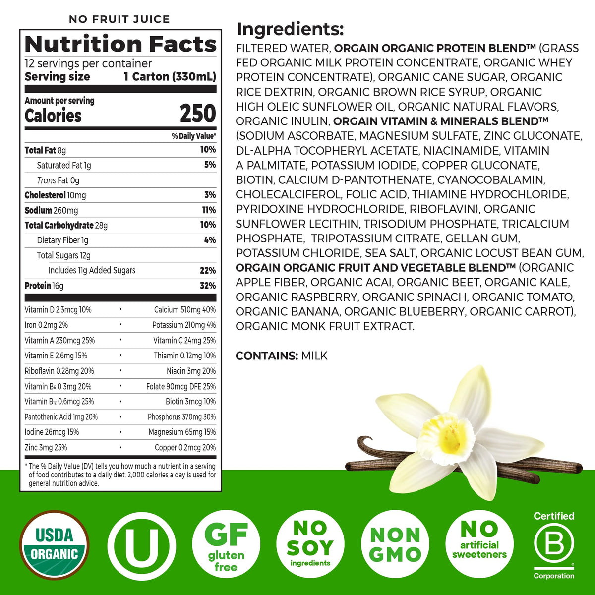 Organic Grass Fed 16g Protein Shake, Vanilla, 11oz, 12pk E5993