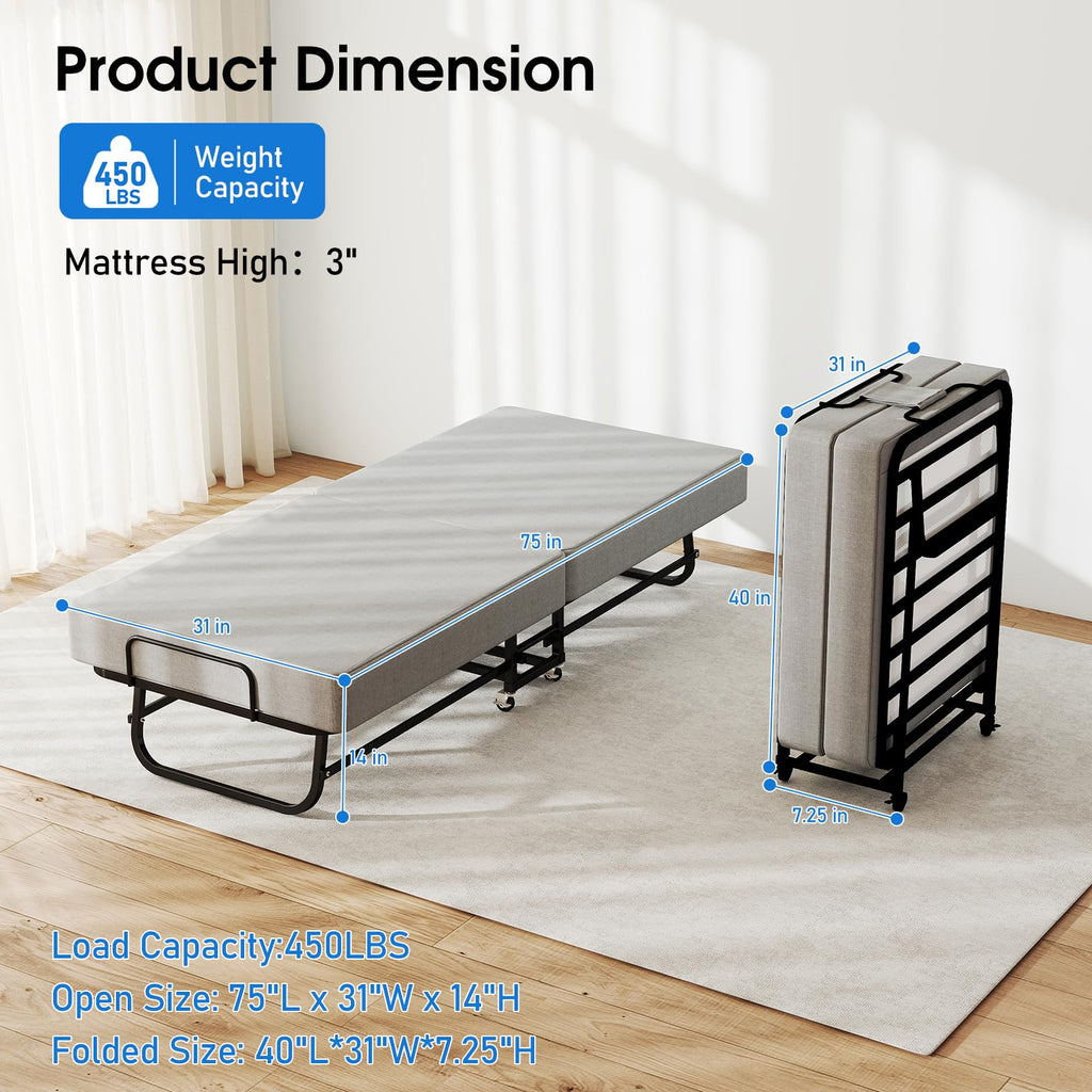 Folding Bed with Mattress, Memory Foam and Metal Frame, 75" x 31" G71444