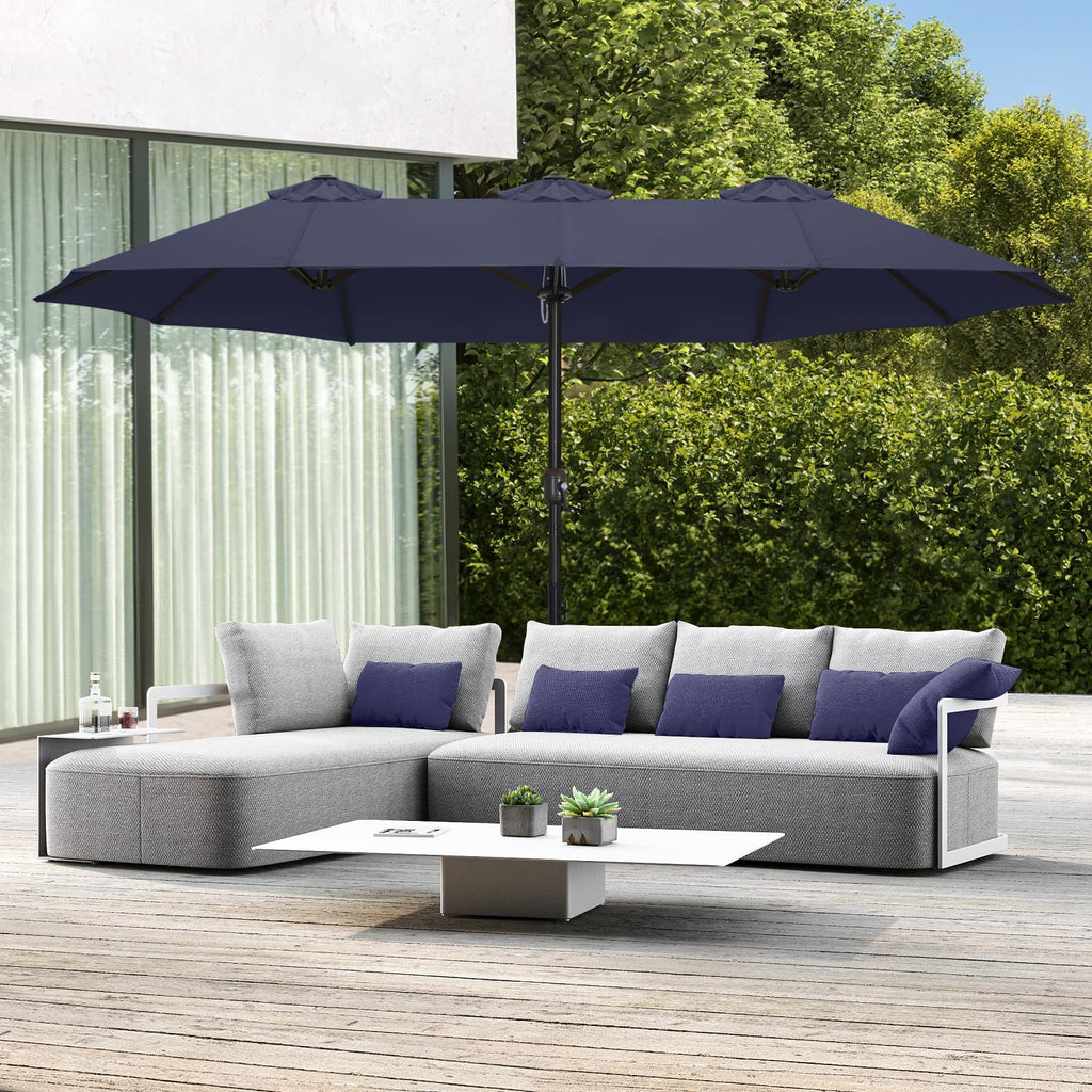 15FT Double-Sided Rectangle Patio Umbrella with Base Navy Blue H1756