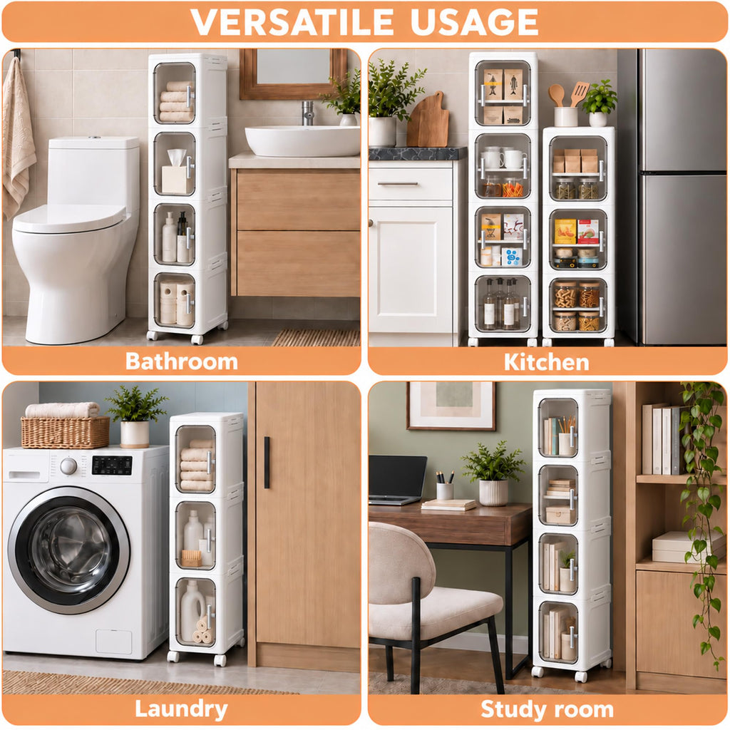 Narrow Slim 2-Tier White Bathroom Storage Cabinet with Wheels H75347