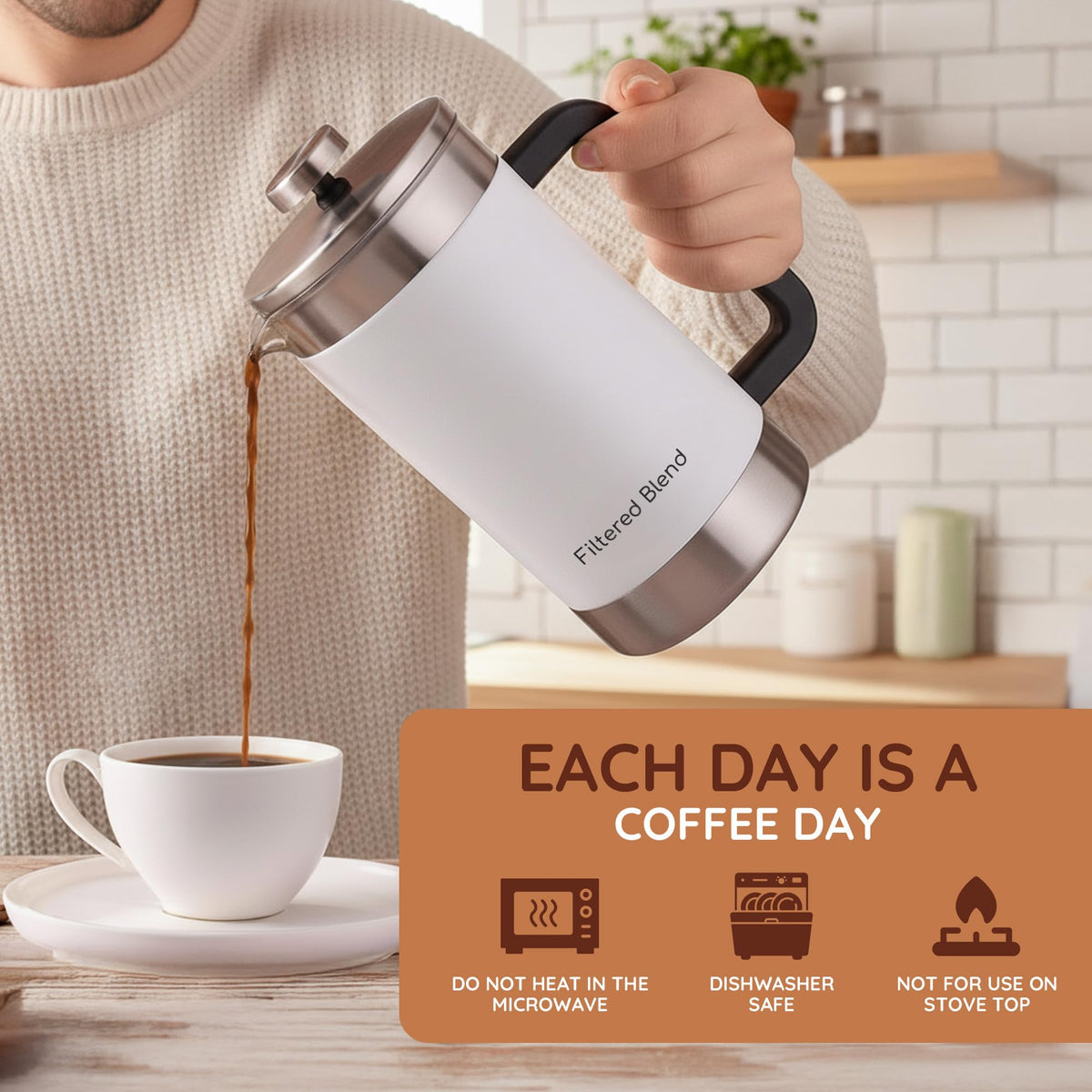 54 oz White Stainless Steel French Press Coffee Maker I92364