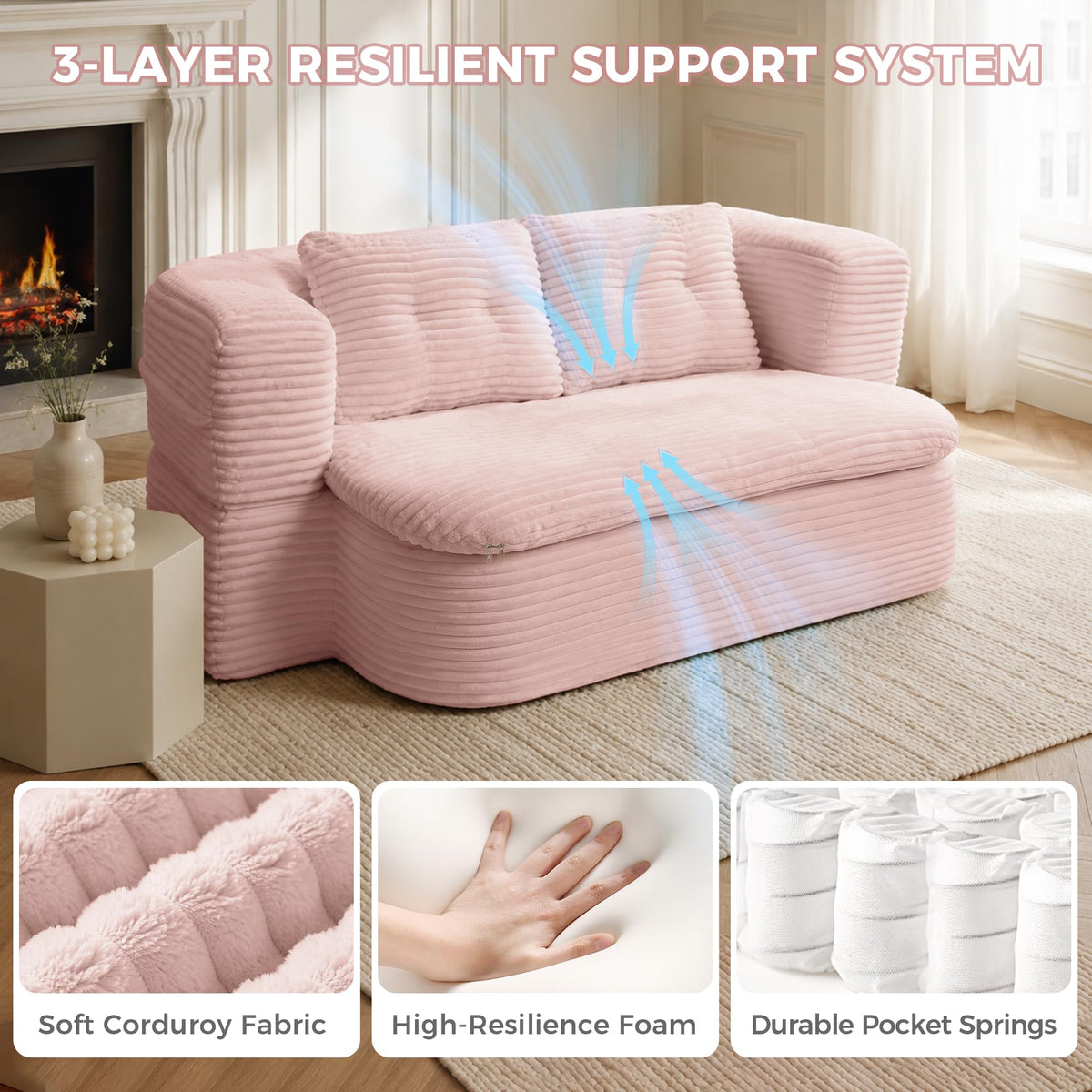 Pink Corduroy Convertible Sofa Bed V25491