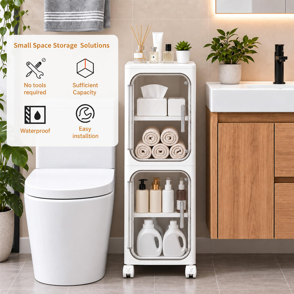 Narrow Slim 2-Tier White Bathroom Storage Cabinet with Wheels H75347