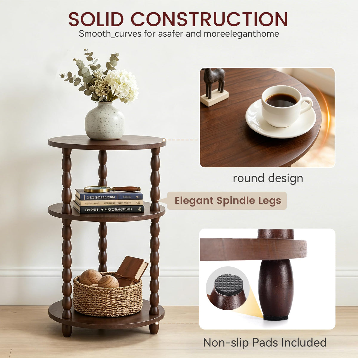Small Round 3-Tier Solid Wood Side Table with Storage Shelf H690248