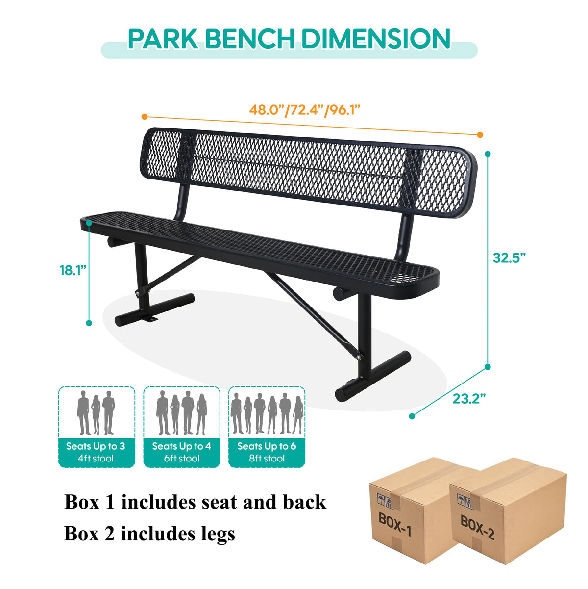 Black Metal Park Bench with Backrest H957