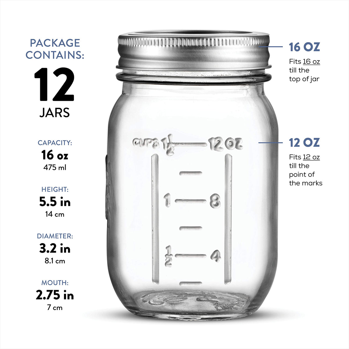 16 oz 12-Pack Regular Mouth Glass Jars with Lid & Seal Bands J172