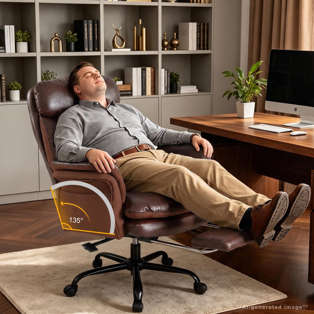 600lbs Big and Tall Brown Leather Office Chair with Footrest N901