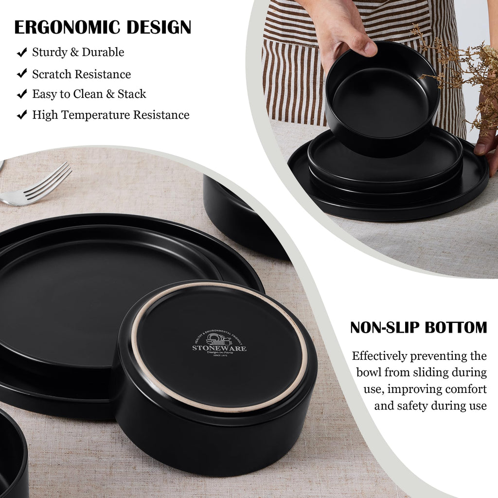 Black 18-Piece Stoneware Dinnerware Set for 6 Y273