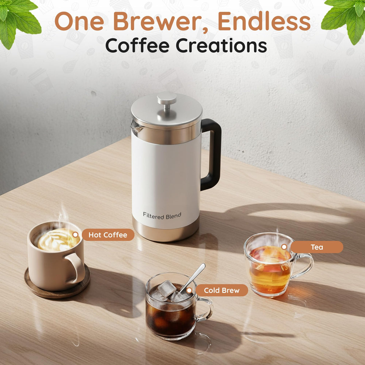 54 oz White Stainless Steel French Press Coffee Maker I92364