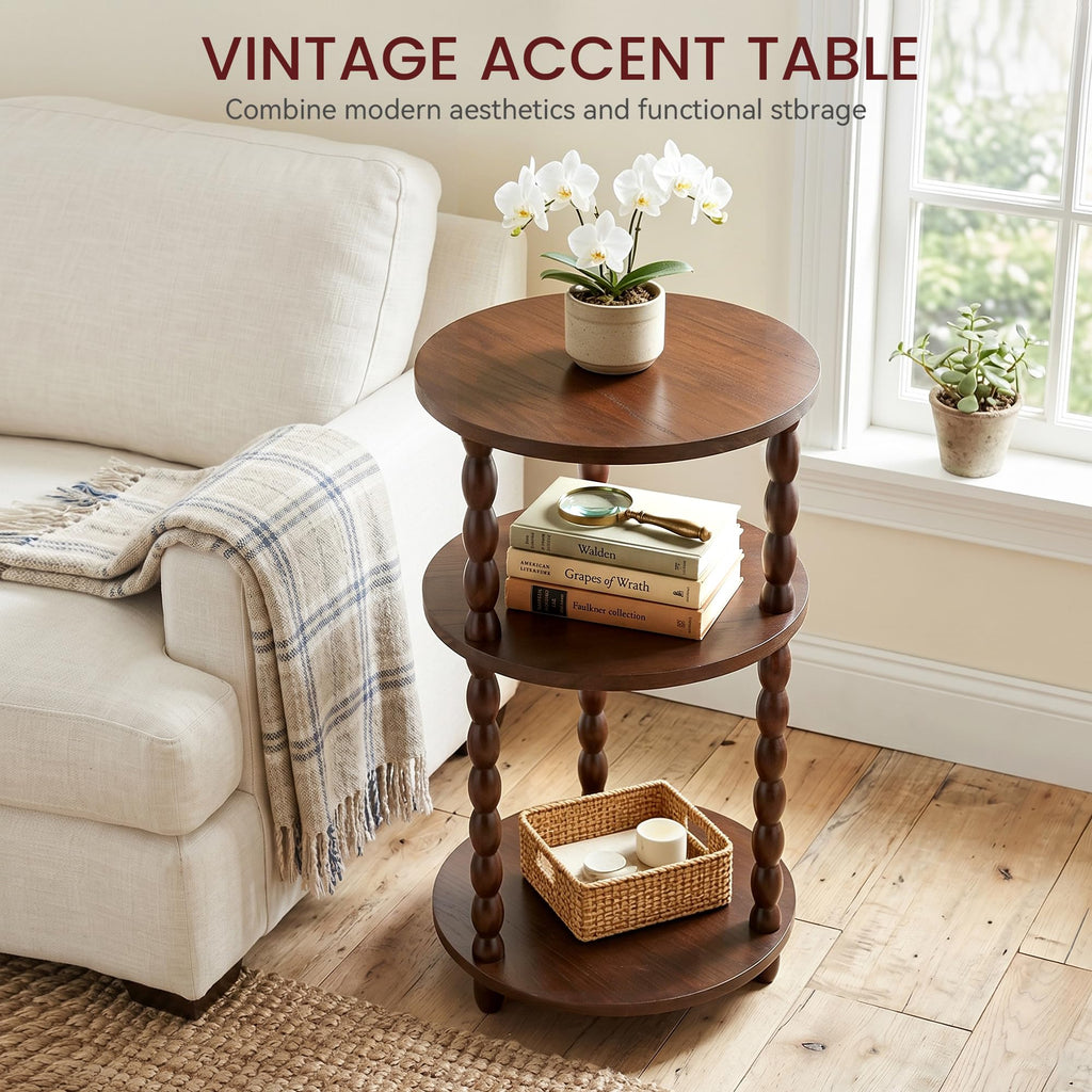 Small Round 3-Tier Solid Wood Side Table with Storage Shelf H690248