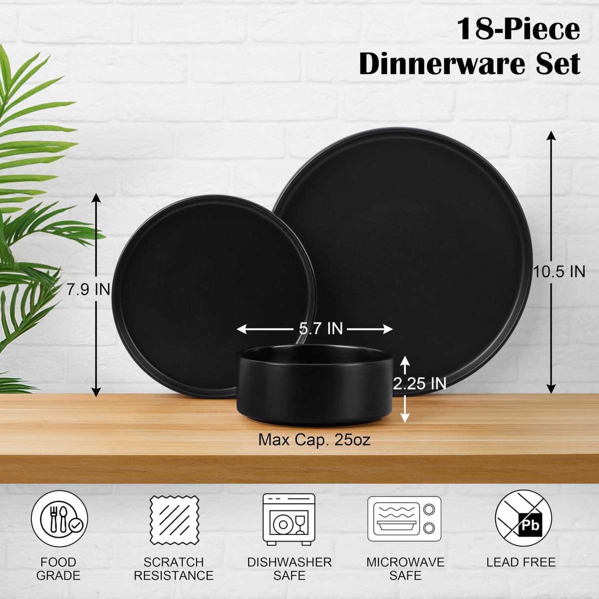 Black 18-Piece Stoneware Dinnerware Set for 6 Y273
