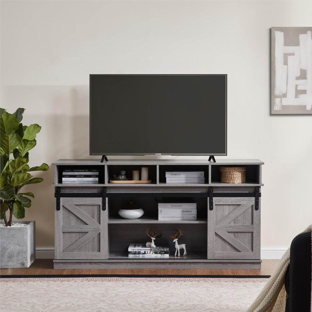 65" Grey Farmhouse TV Stand with Sliding Doors D717