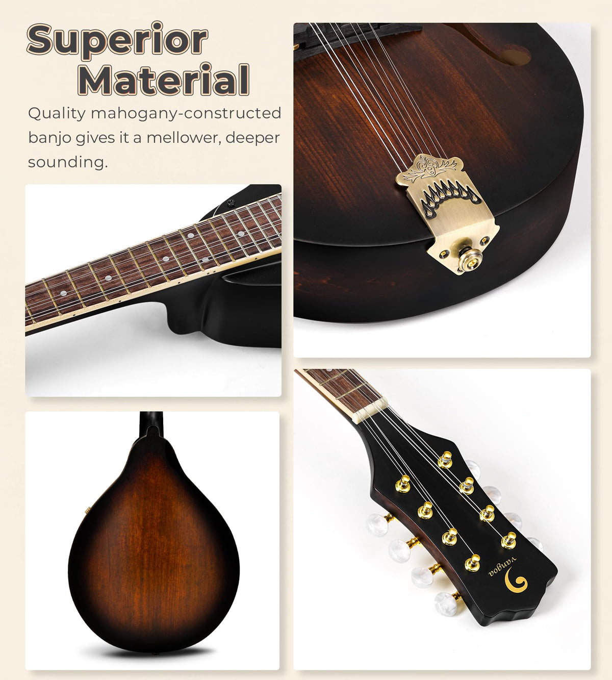 Acoustic Mandolin Instrument Solid Spruce Top 8 String Dark Brown H538