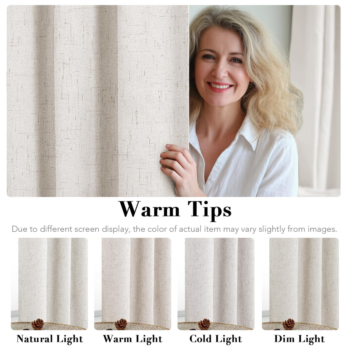 100% Blackout Linen Curtains 84" L 2 Panels Ivory E922