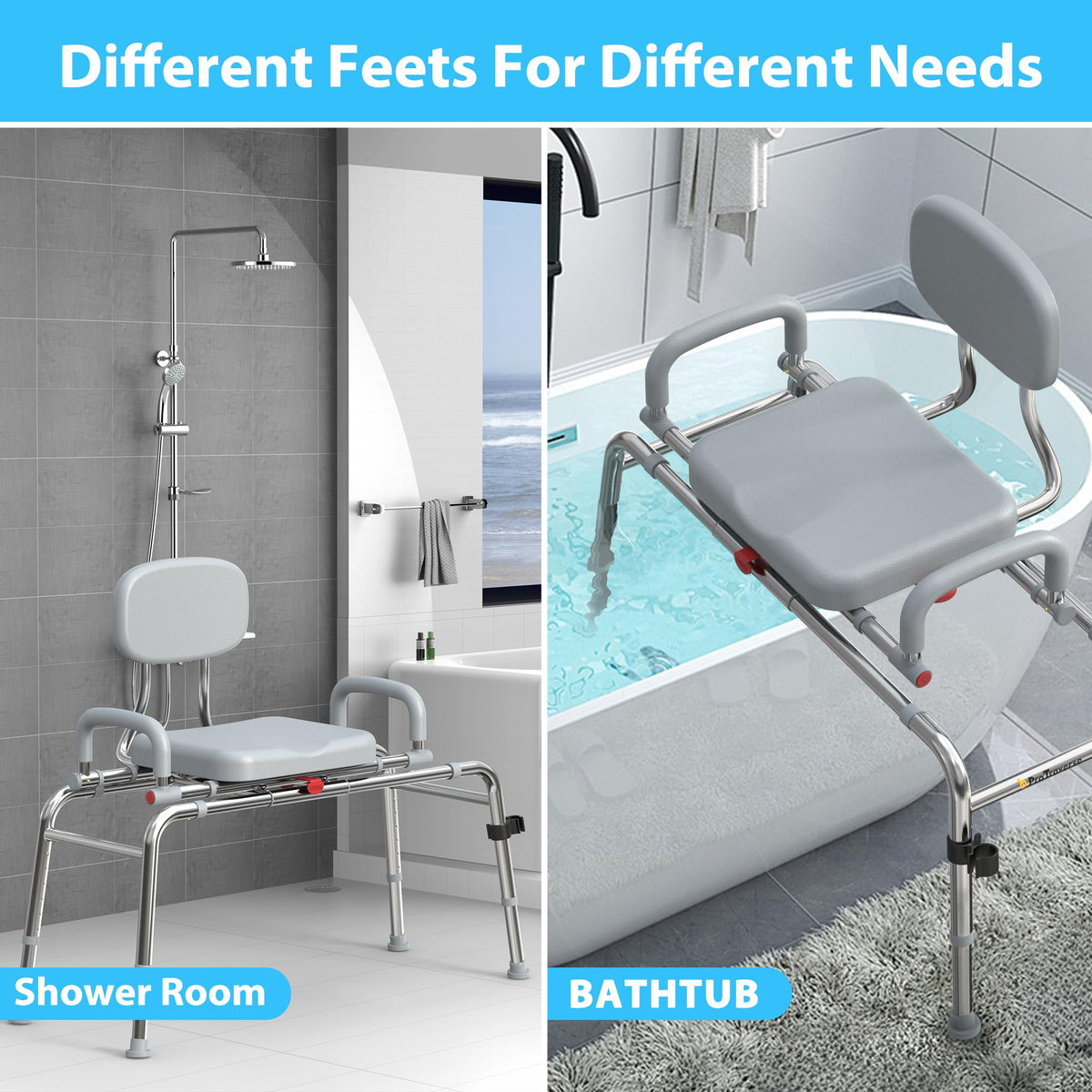 Sliding Shower Chair Tub Transfer Bench with Swivel Seat, 450lbs, Adjustable Height, Gray K817963