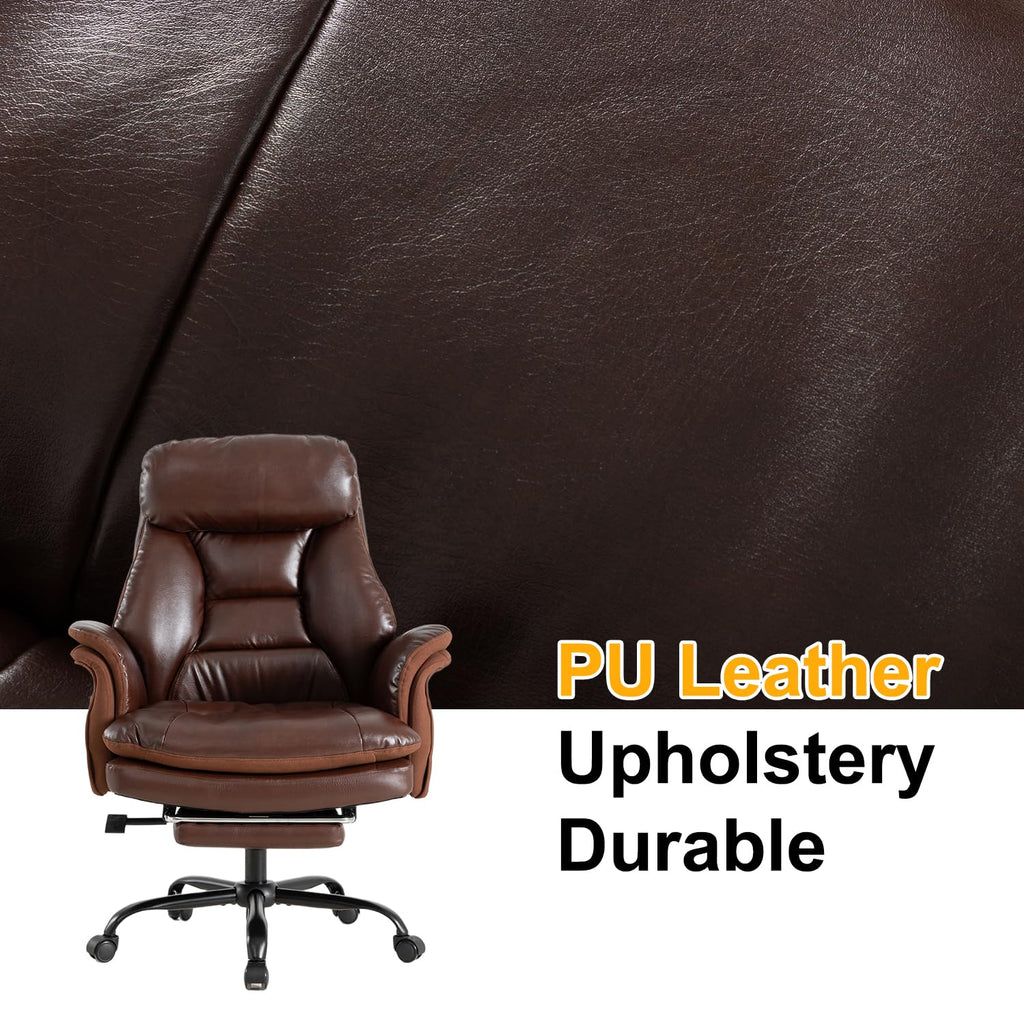 600lbs Big and Tall Brown Leather Office Chair with Footrest N901