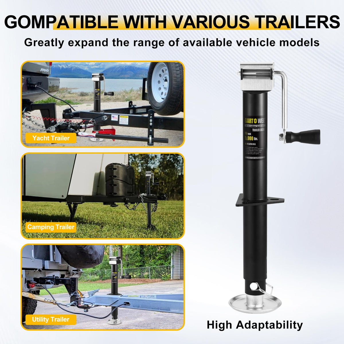 5000 lbs A-Frame Trailer Jack, 15" Vertical Travel with Adjustable Drop Leg M92743