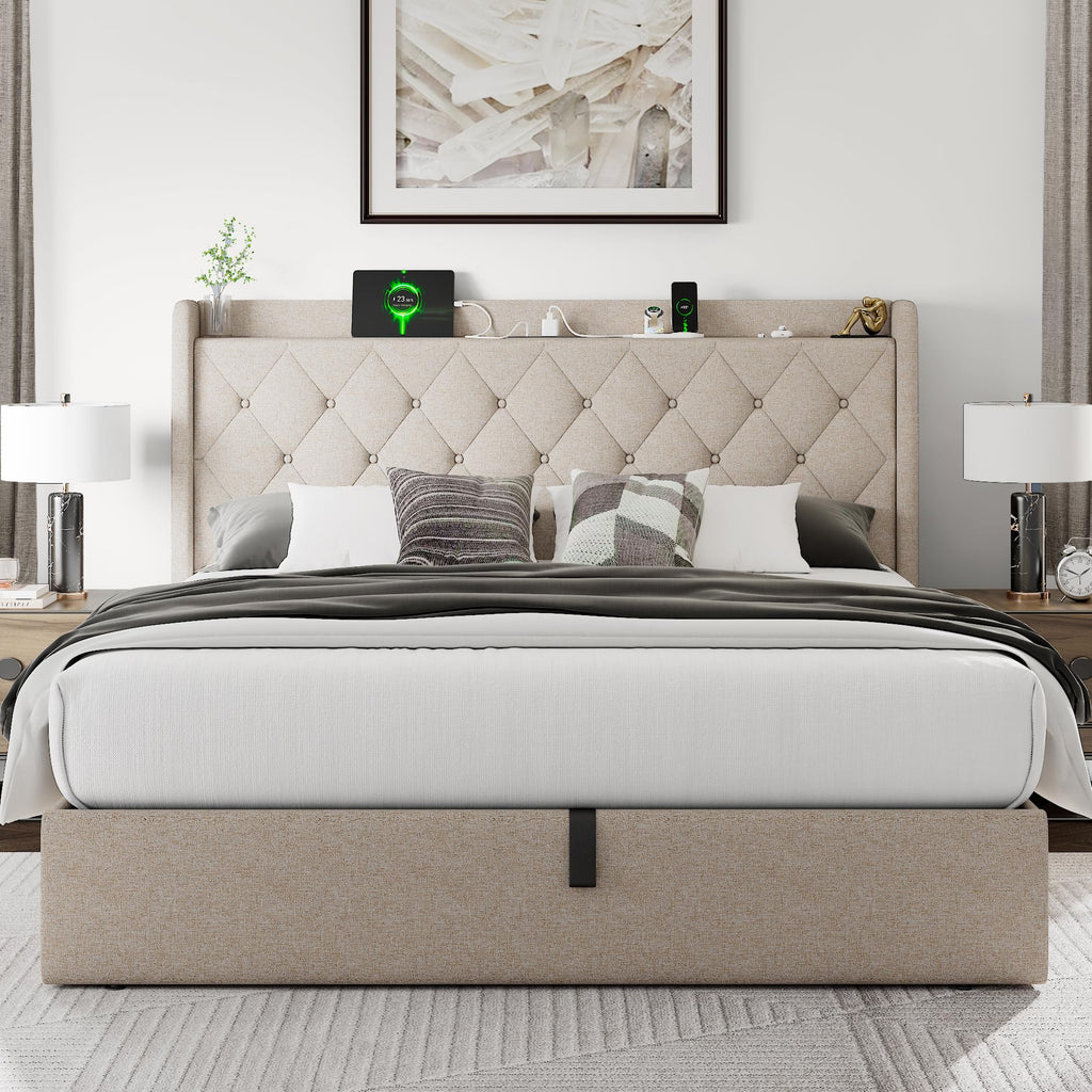 Queen Size Lift Up Storage Upholstered Bed Frame with Charging Station X7846